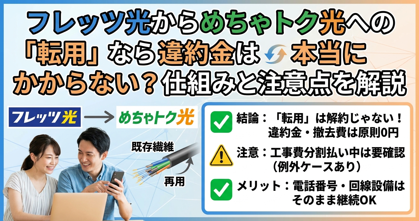 フレッツ光からめちゃトク光への「転用」なら違約金は本当にかからない？仕組みと注意点を解説