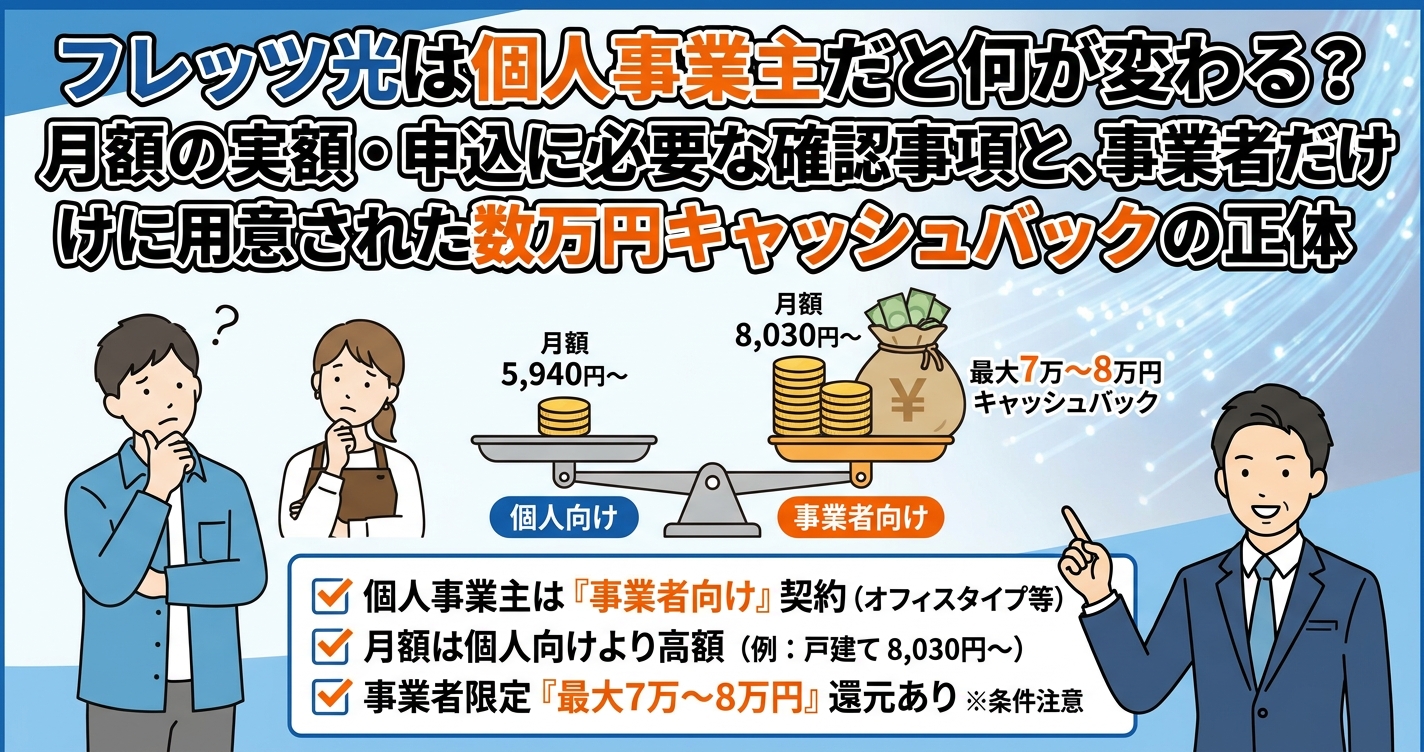 フレッツ光は個人事業主だと何が変わる？月額の実額・申込に必要な確認事項と、事業者だけに用意された数万円キャッシュバックの正体