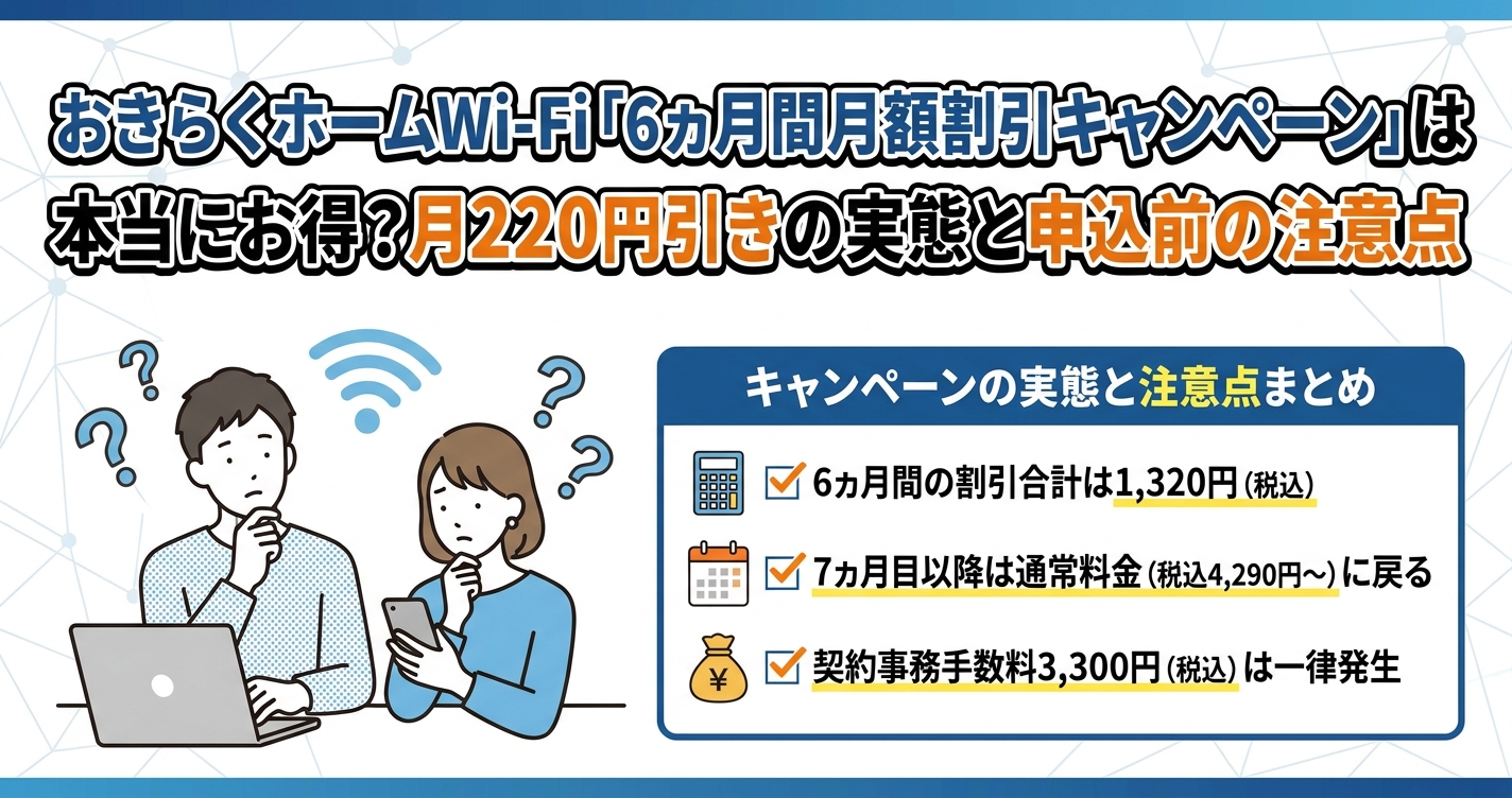 おきらくホームWi-Fi「6ヵ月間月額割引キャンペーン」は本当にお得？月220円引きの実態と申込前の注意点